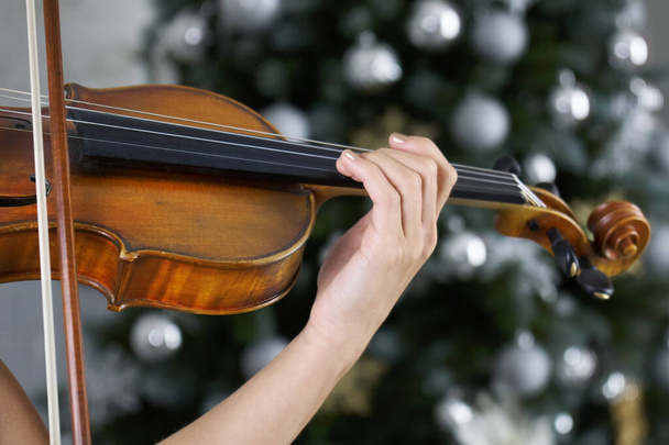Χέρι γυναίκας βιολιστή στο δάχτυλο του βιολιού με χριστουγεννιάτικο δέντρο - Φωτογραφία, εικόνα