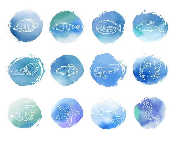 vector illustration of blue spots, dots and sea life fishes on white background  - Vetor, Imagem