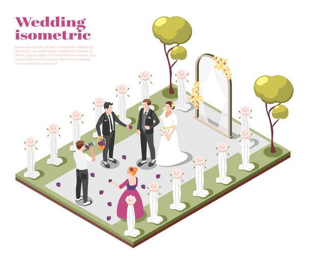 Esküvői szertartás izometrikus összetétele - Vektor, kép