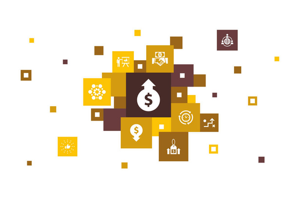 augmenter les revenus Infographie Conception de bulles en 10 étapes Augmenter les prix, réduire les dépenses, les meilleures pratiques, les icônes de stratégie
 - Vecteur, image