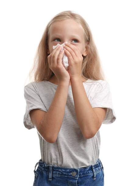 Little girl suffering from allergy on white background - Foto, Bild