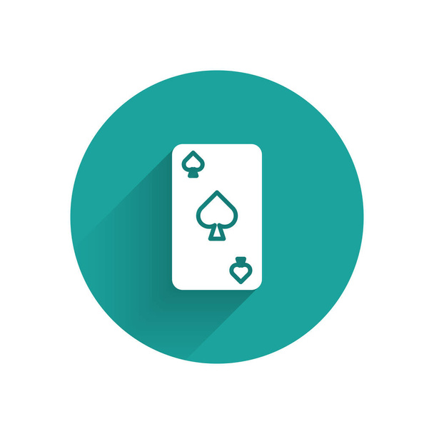 Белая игральная карта с символом пик, изолированная длинной тенью. Игры в казино. Кнопка зеленого круга. Векторная миграция
 - Вектор,изображение