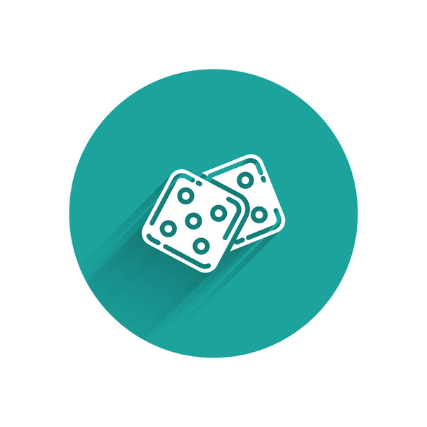 White Game dice icon isolated with long shadow. Casino gambling. Green circle button. Vector Illustration - Vektor, obrázek