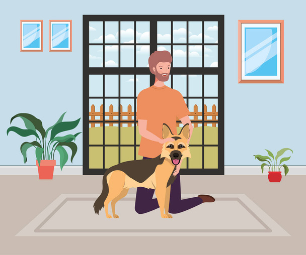 Junger Mann mit niedlichem Hundemaskottchen im Zimmerhaus - Vektor, Bild