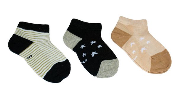 Három pár pamut zokni. Csíkos minta és csillagminta. Gyerekzokni. Pamut. Elkülönített tétel - Fotó, kép