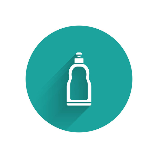 weiße Plastikflasche für flüssiges Waschmittel, Bleichmittel, Spülmittel oder ein anderes Putzmittel, isoliert mit langem Schatten. grüner Kreis-Knopf. Vektorillustration - Vektor, Bild