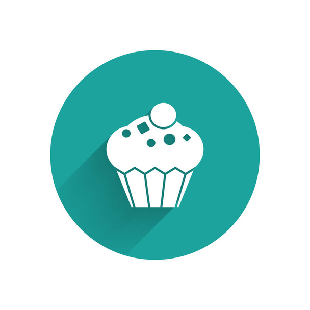 White Muffin icon isolated with long shadow. Green circle button. Vector Illustration - Vector, Image