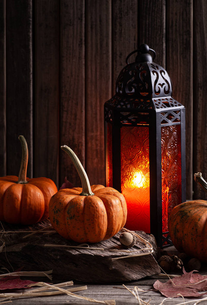Mini Pumpkins and Glowing Lantern - Fotó, kép