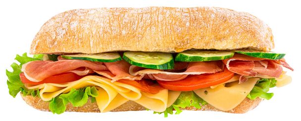 Ciabatta-Sandwich mit Salat, Tomatenschinken und Käse - Foto, Bild