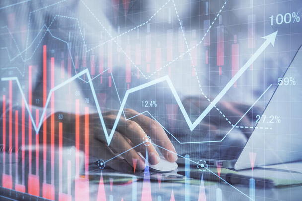 Double exposure of forex graph with man working on computer on background. Concept of market analysis. - Photo, image