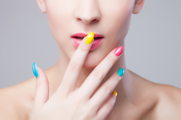 Colored manicure, Woman face with rainbow makeup and manicure - Foto, immagini
