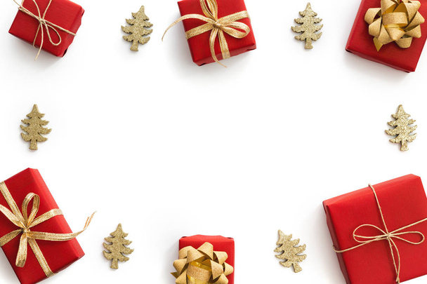 Red And Gold Christmas Gifts On White Background - Photo, Image
