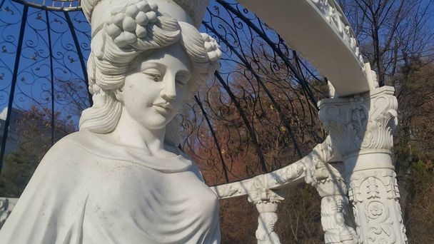 Statue of Greek Goddess Head with lovely hair settled in a public park - Photo, Image