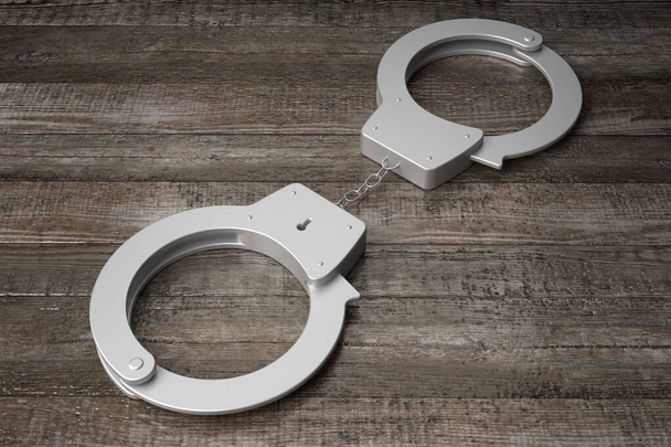 Закон 3D, понятие преступления - наручники, деревянный фон
 - Фото, изображение