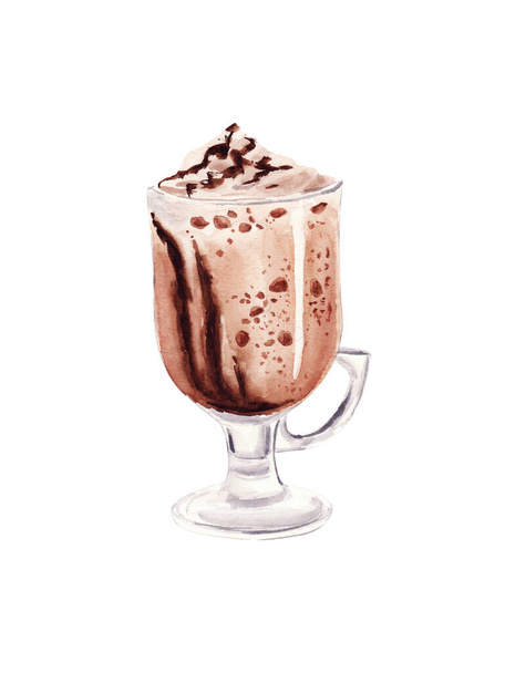 Hand painted Cup of Coffee Latte. Glass of chocolate mocha coffee. Watercolor Illustration. - Фото, изображение
