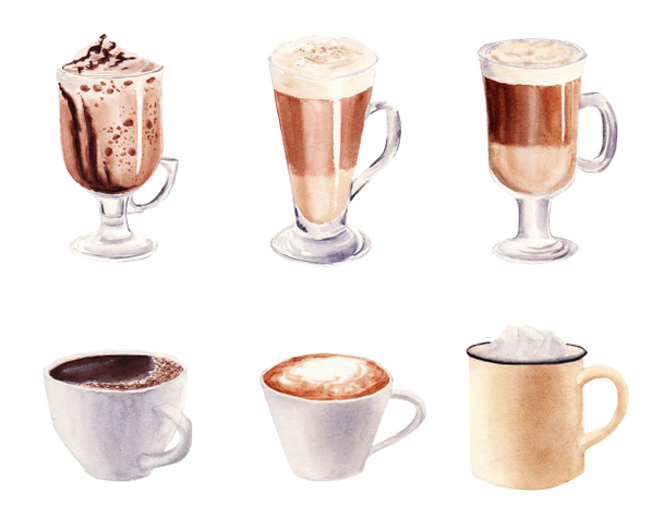 Ręcznie malowane Zestaw z filiżanką kawy Latte i szklanką kawy czekoladowej mocha izolowane na białym tle. - Zdjęcie, obraz