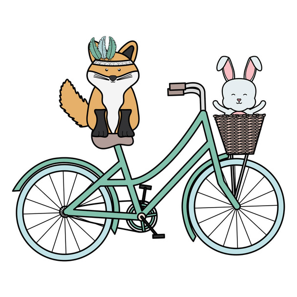 cute fox and rabbit with feathers hat in bicycle bohemian style - Vecteur, image