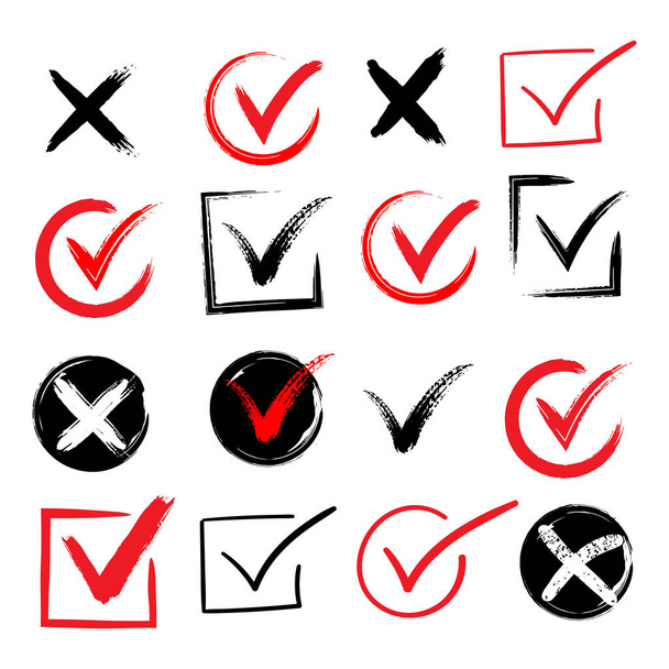 Tick and cross brush signs. Green checkmark OK and red X icons, isolated on white background. Simple marks graphic design. Symbols YES and NO button for vote, decision, web. - ベクター画像