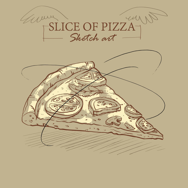 Hand-drawn slice of pizza with tomatoes and herbs - Vector, Image