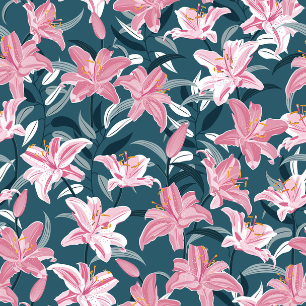 Lily flower seamless pattern on green background, Pink and White lily floral vector illustration - Vettoriali, immagini