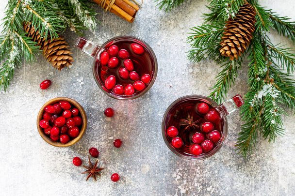 Christmas drinks. Hot winter drink with cranberries and cinnamon - Foto, Imagem