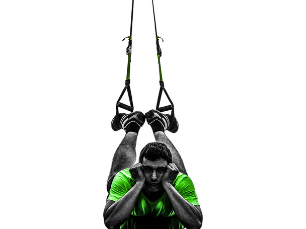 man exercising suspension training trx tired pouting silhouette - Foto, Imagem