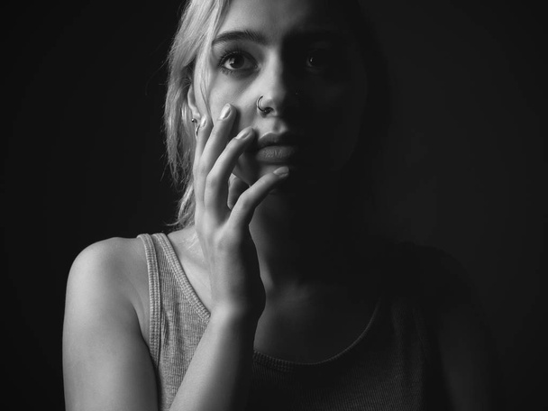 Portrait of scared girl. Black and white. Close up - Foto, Imagem