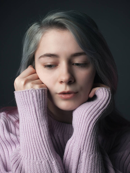 Portrait of sad young woman with dyed hair - Фото, зображення