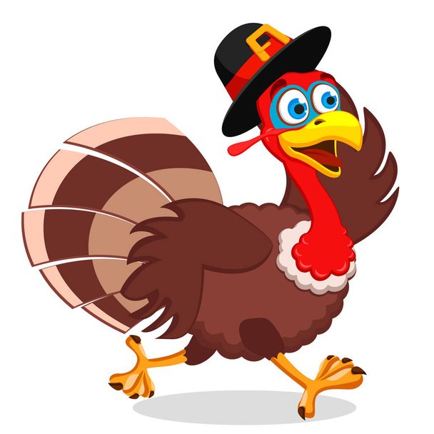 La Turquie s'enfuit en tenant son chapeau sur un personnage blanc. Jour de Thanksgiving
. - Vecteur, image
