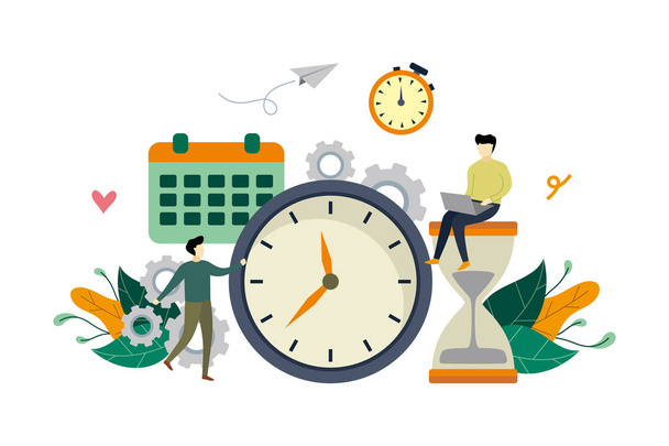 Arbeitszeitmanagement flache Illustration mit großer Uhr und kleinen Leuten Konzeptvektorvorlage, geeignet für Hintergrund, Landing Page, UI, UX, Werbeillustration - Vektor, Bild