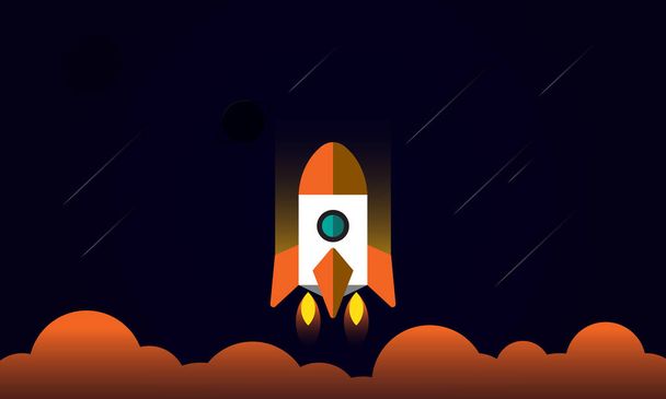 Spacecraft in the universe,  Vector illustration with spaceship, Rocket is burning, Outer planet - Vector, Image