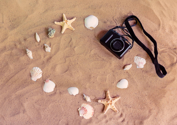 Concetto vacanze al mare estive. Fotocamera, stelle marine e conchiglie sulla spiaggia di sabbia
. - Foto, immagini