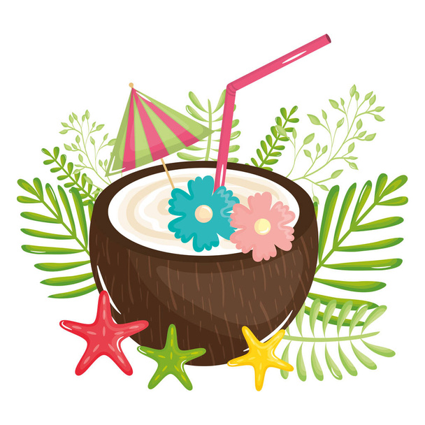 tropische kokosnoot cocktail zomer icoon - Vector, afbeelding