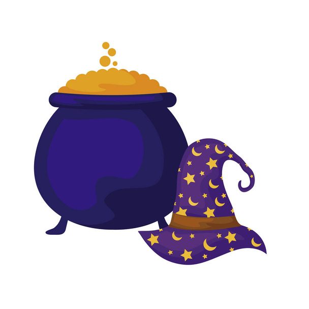 cauldron of halloween with hat wizard - Vector, Image