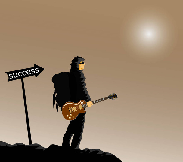 Człowiek w czerni nosi plecak na plecach w rękojeści gitary. Na czarnych wzgórzach Etykieta ze słowem "sukces" obok, brązowe i księżycowe tło - Wektor, obraz
