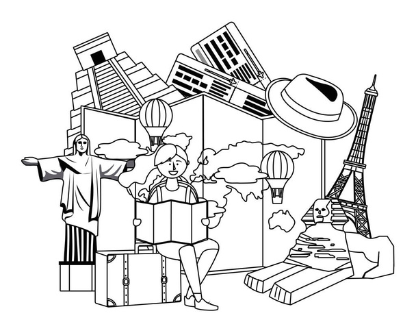 Cartone animato ragazza turistica con design borsa
 - Vettoriali, immagini