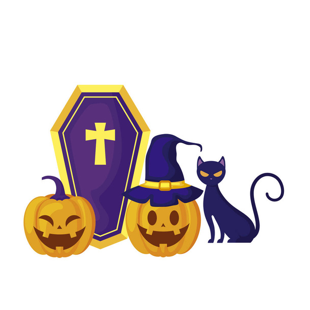 тыквы с кошкой и иконами Хэллоуин
 - Вектор,изображение