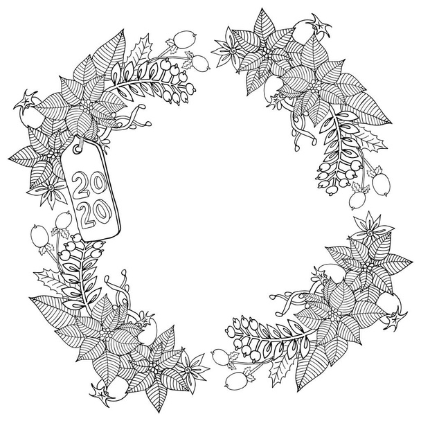 Christmas 2020 frame or wreath coloring book or page - Vector, Image