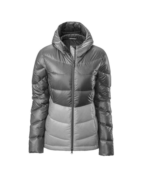 女性用グレーフードの暖かいスポーツパフジャケットは、白い背景に隔離されています。ゴーストマネキンの写真 - 写真・画像