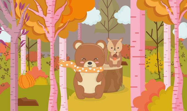 cute bear and squirrel animal forest hello autumn - Vector, Image