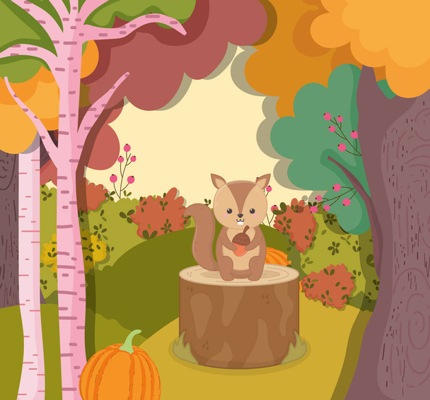 aranyos mókus makk ül törzsön hello ősz - Vektor, kép