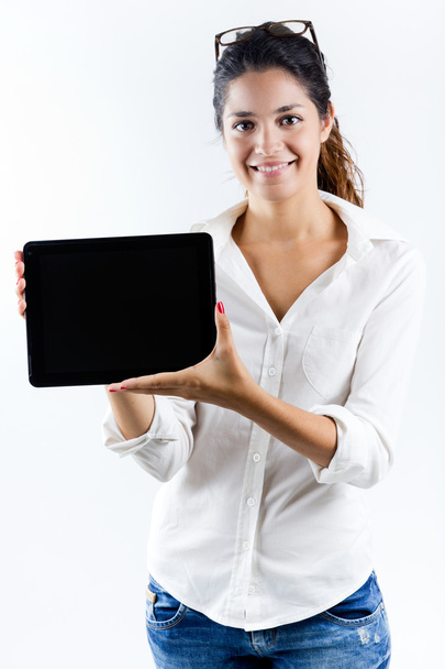 Beautiful young woman at home with digital tablet - Foto, Imagem