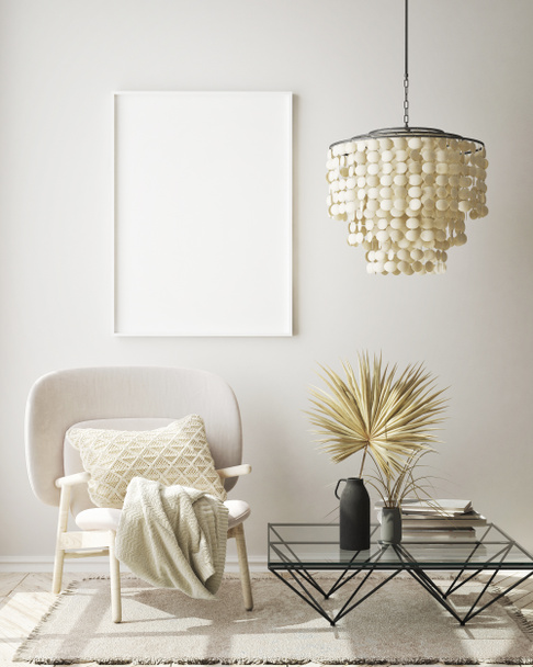 model poster frame in moderne interieur achtergrond, woonkamer, Scandinavische stijl, 3D render, 3D illustratie - Foto, afbeelding