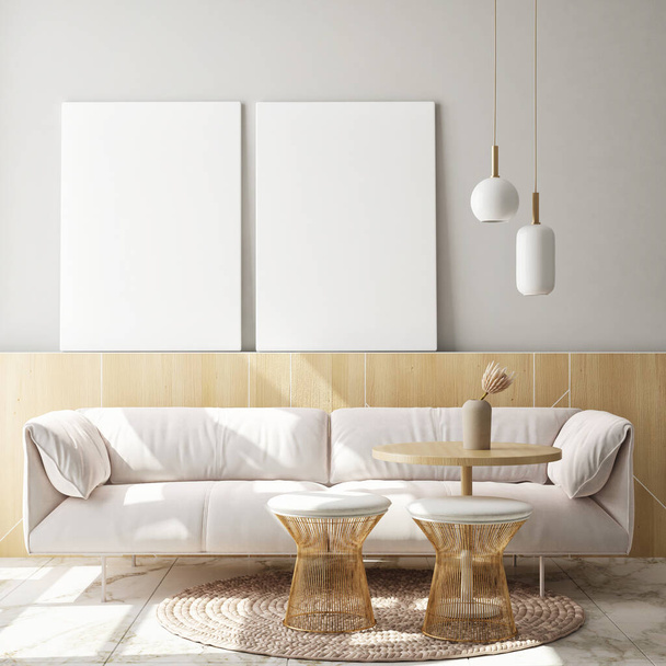marco del cartel de la maqueta en el fondo interior moderno, sala de estar, estilo escandinavo, renderizado 3D, ilustración 3D - Foto, Imagen