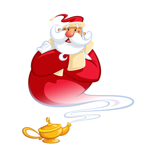 Happy smiling cartoon genie Santa Claus coming out of a magic oi - Photo, Image