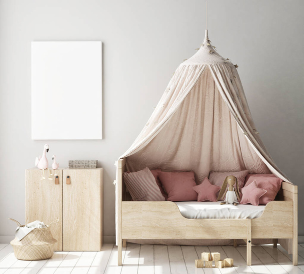 mock up filmposter in de slaapkamer van de kinderen, Scandinavische stijl interieur achtergrond, 3d render, 3d illustratie - Foto, afbeelding