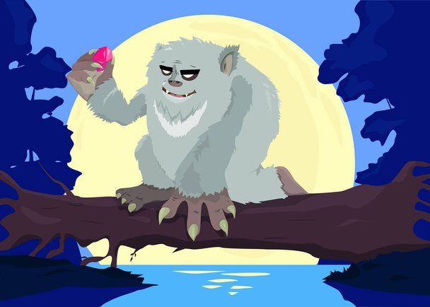 καρτούν yeti στο δέντρο κατά τη νύχτα διανυσματική απεικόνιση - Διάνυσμα, εικόνα