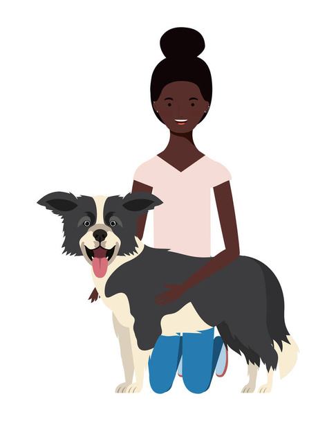 jeune femme afro avec des personnages de mascotte de chien mignon
 - Vecteur, image