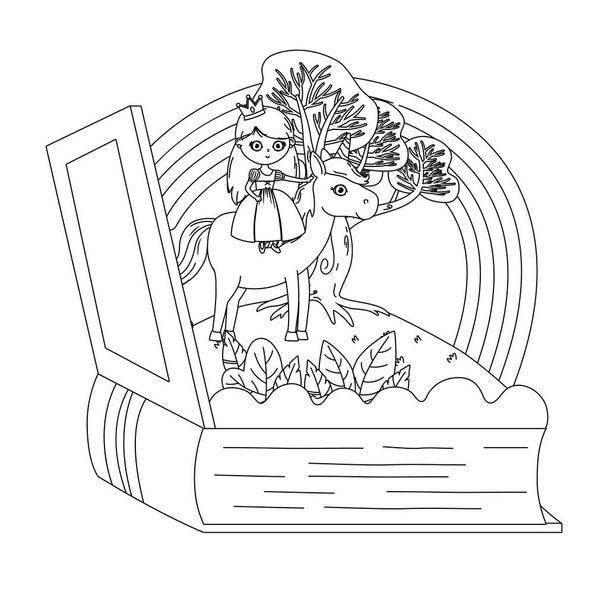 Principessa medievale e unicorno di illustrazione vettoriale di design fiabesco - Vettoriali, immagini