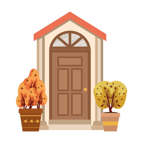 Piękno dom drzwi drewniane z jesiennych roślin - Wektor, obraz
